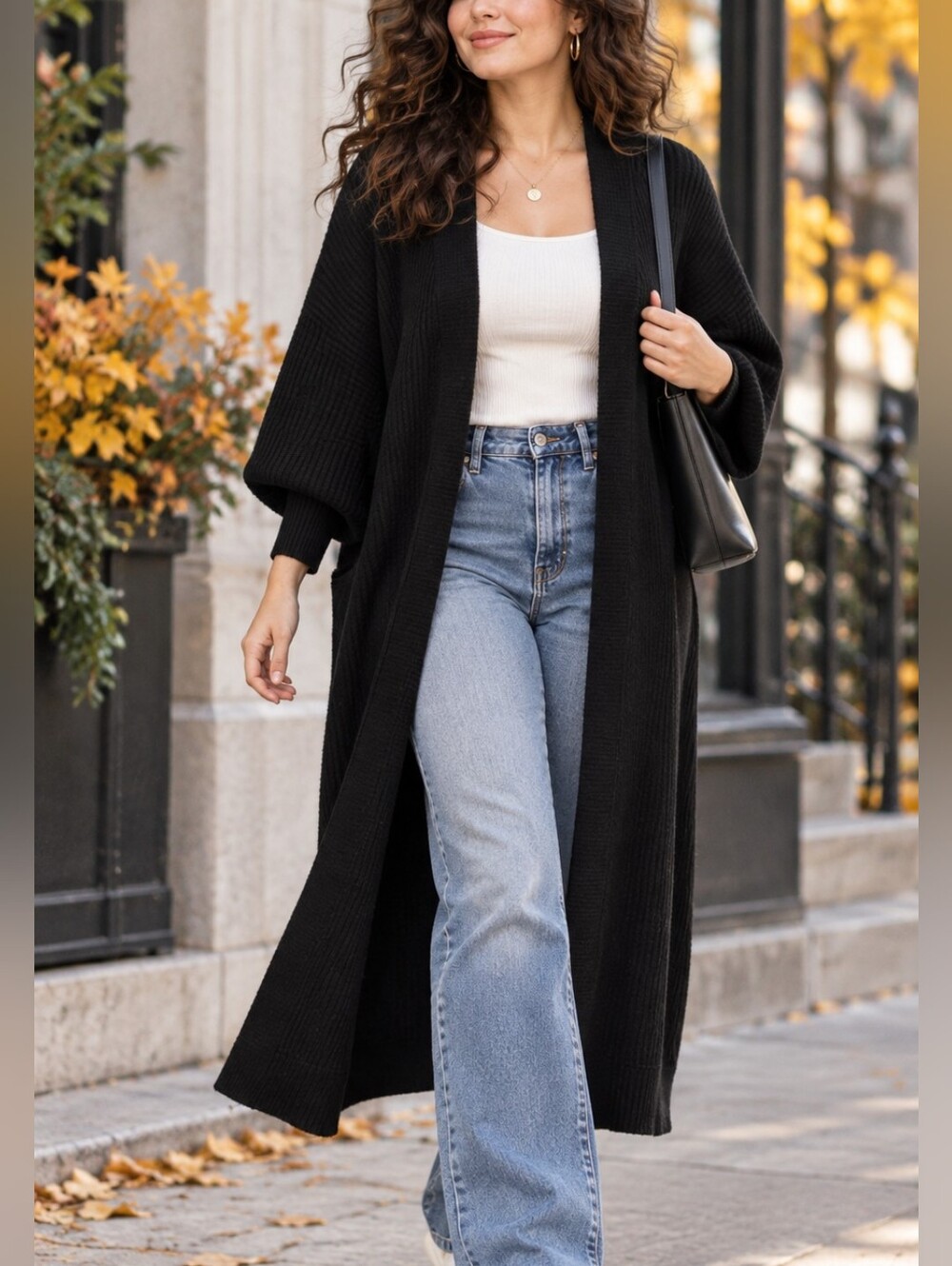 Frank And Oak Black Longline Ribbed Knit Open Front Cardigan Batwing M